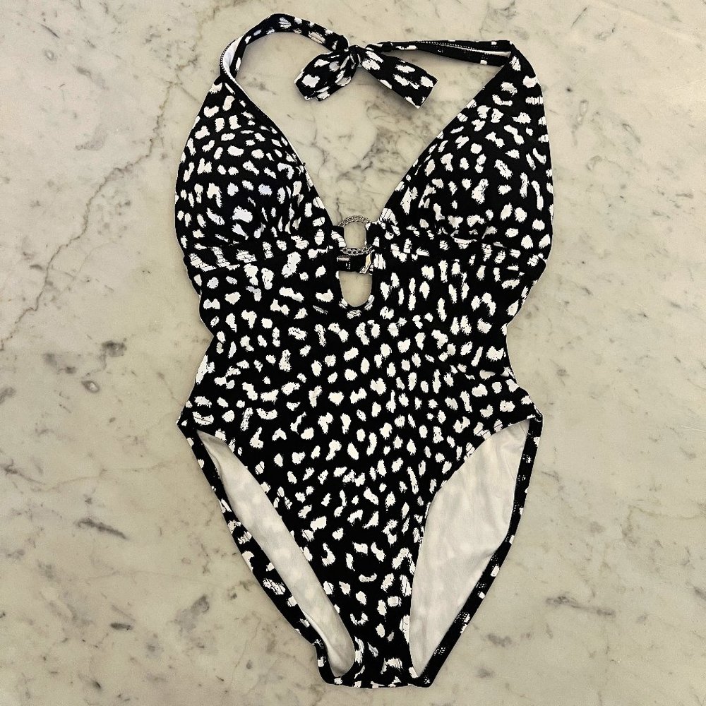 Michael Kors Black & White Animal Print Silver O-Ring One-Piece Swimsuit…